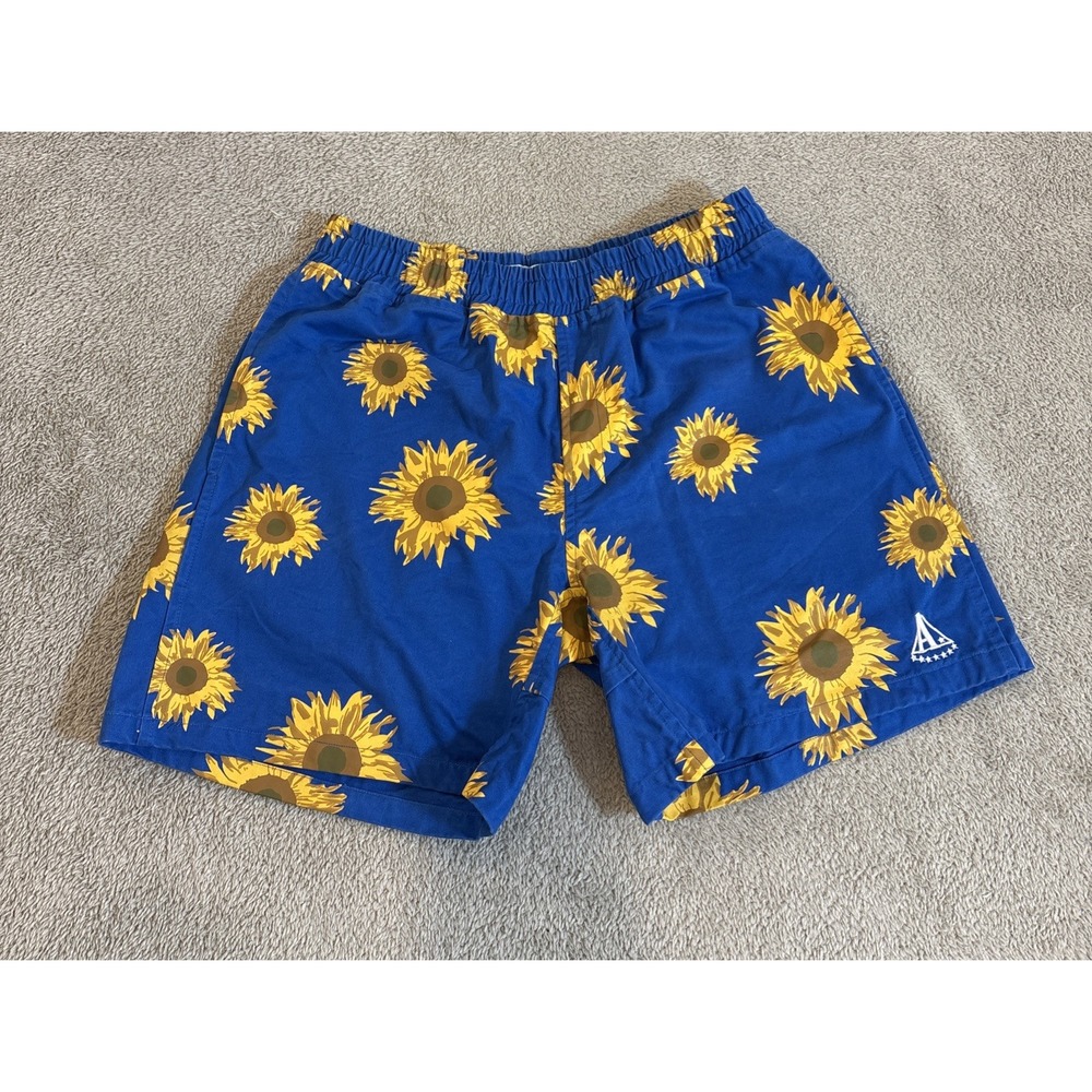 Advisry Men's Medium Sunflower Pattern Blue Shorts Chino Preppy Summer Leisure